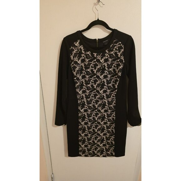 CLUB MONACO Dress Ponte Knit Black Zip Leaf Print Floral Size 12 Cocktail Party - Picture 1 of 9